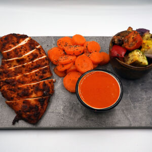 Char grilled Peri chicken fillet with med veg and steamed carrots