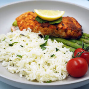 Tandoori salmon with cauliflower rice and steamed asparagus