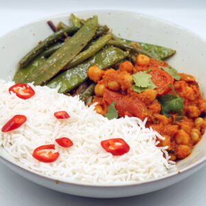 Channa chatt with fluffy basmati and mix steamed greens.