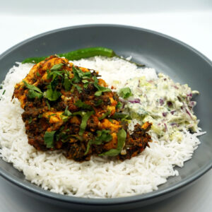 Chicken spinach with steamed basmati and yoghurt raita