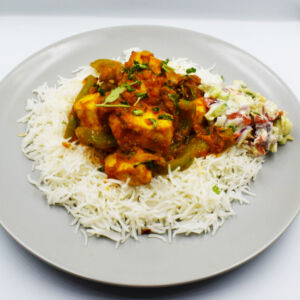 Chicken tikka Karahi served with steamed Basmati and fat free Yoghurt Raita.