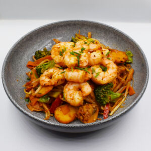 Garlic Chilli king prawns served with Vegetable Stir fry