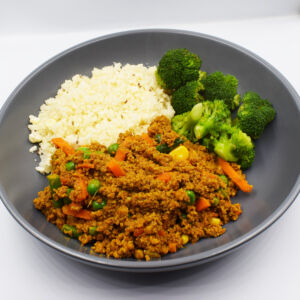 Savoury mince with cauliflower rice and broccoli.