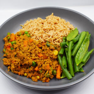 Savoury mince served with pilau rice and steamed greens.