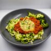 Lamb bolagnese served with zucchini noodles, steamed broccoli and mozzarella cheese.