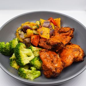 Peri chicken thighs served with Med veg and steamed broccoli.