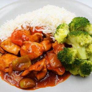 Sweet and sour chicken with steamed basmati and steamed broccoli.