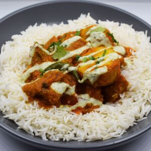 Aloo gosh served with steamed basmati and mint chutney.
