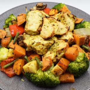 Sweet potato bake served with Malai chicken bites and steamed broccoli.